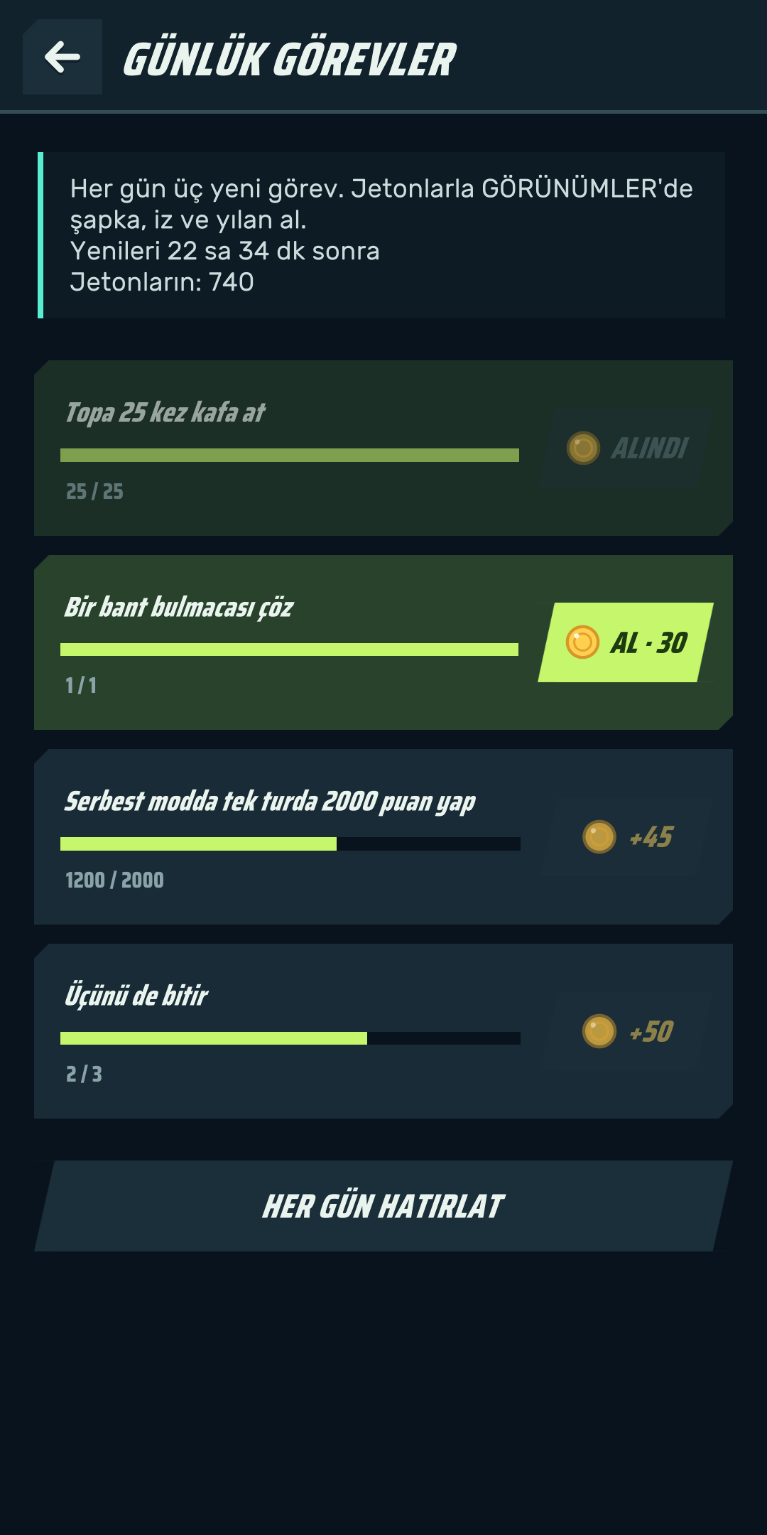 Günlük görevler ve jeton / Daily missions and coins